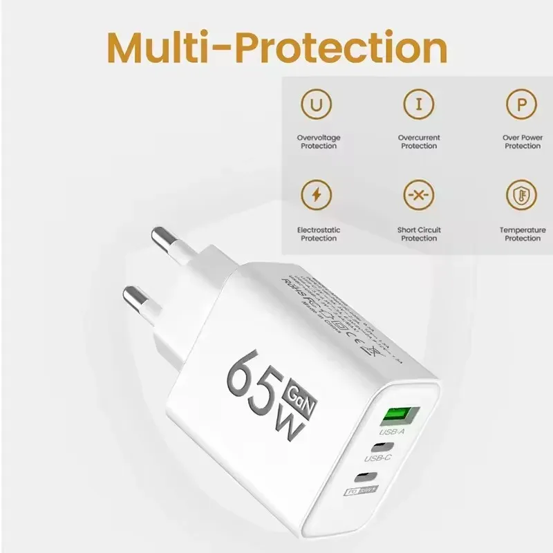 Chargeur rapide GaN 65 W USB avec prise européenne, compatible PD et QC 3.0 pour smartphones Xiaomi, Huawei et Samsung 5