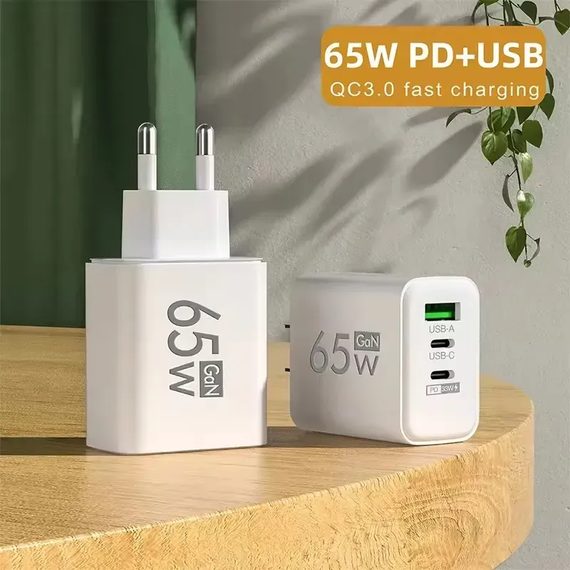 Chargeur rapide GaN 65 W USB avec prise européenne, compatible PD et QC 3.0 pour smartphones Xiaomi, Huawei et Samsung 6
