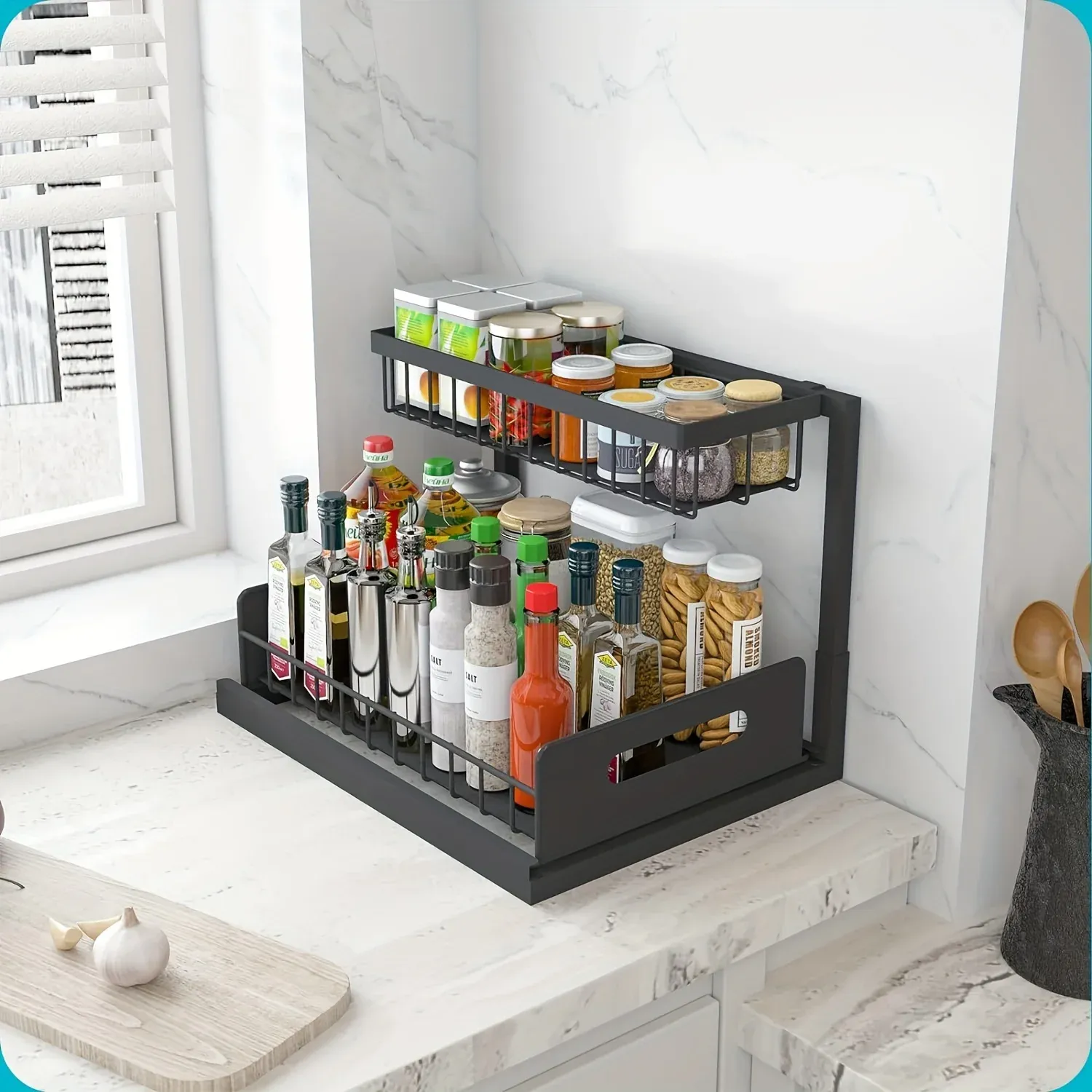 Organisateur sous évier, étagère coulissante à 2 niveaux pour armoire de cuisine 4