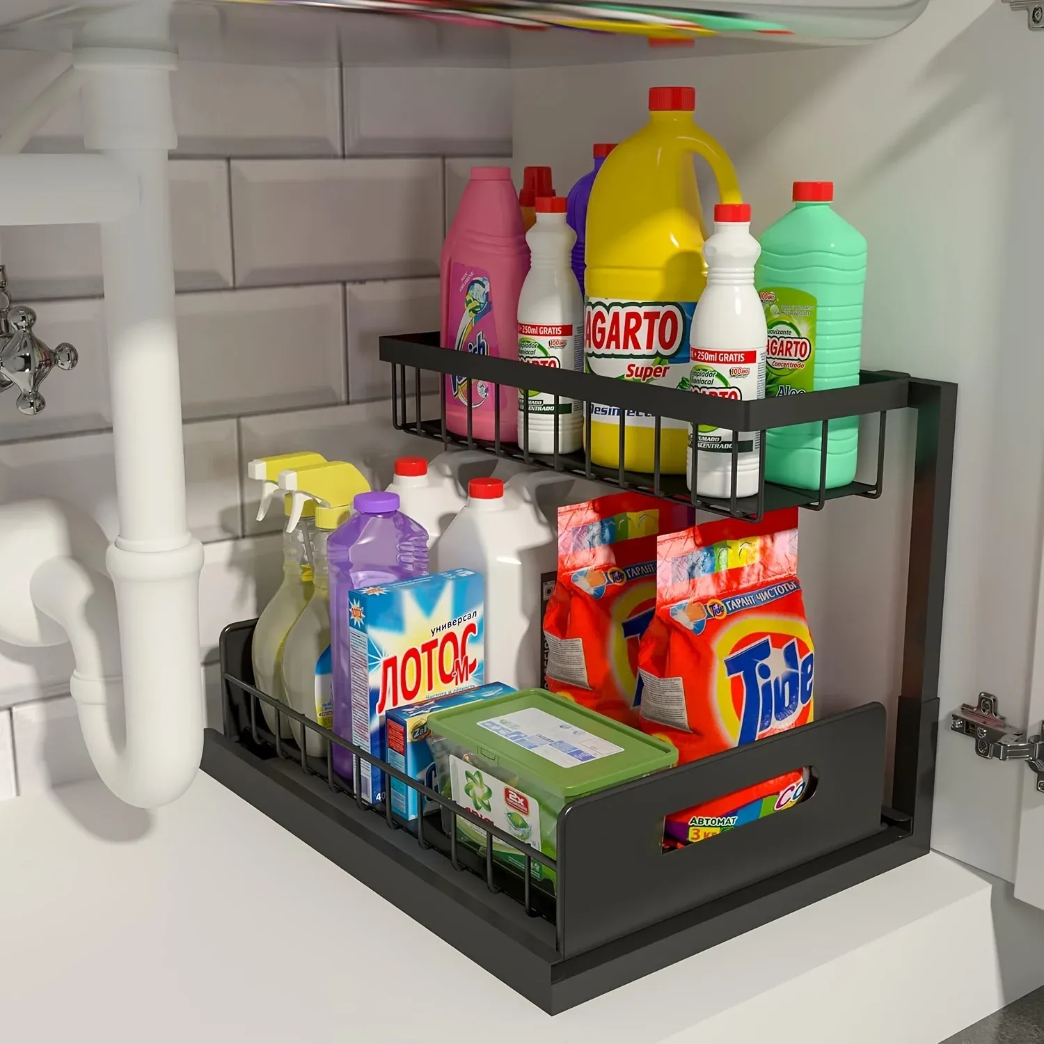 Organisateur sous évier, étagère coulissante à 2 niveaux pour armoire de cuisine 5