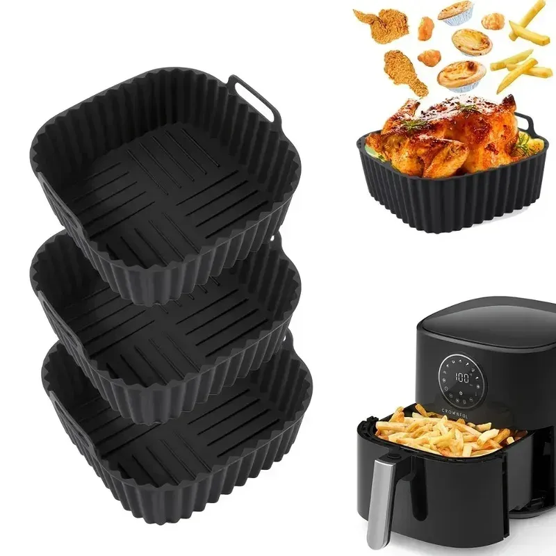 Doublures en silicone réutilisables pour friteuse à air, carrées, antiadhésives, pour panier de 4 à 7 pintes (environ 3,8 à 6,6 L), compatibles four et micro-ondes 2