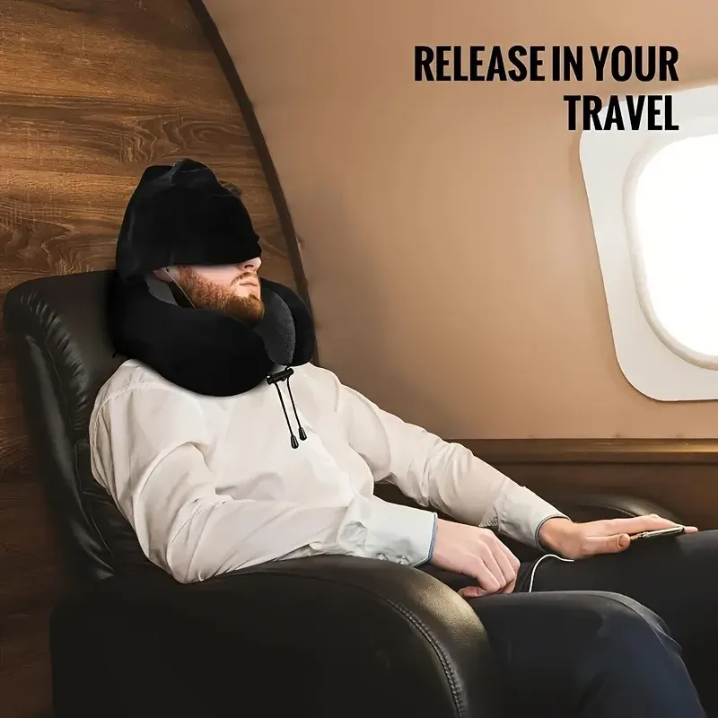 Oreiller de voyage en U à capuche en mousse à mémoire de forme, housse amovible, support cervical portable pour avion, bureau, sieste, voiture et usage domestique 4