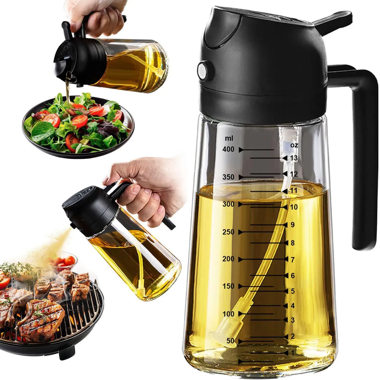 Pulvérisateur et distributeur d'huile d'olive en verre 16 oz / 470 ml pour la cuisson, 2 en 1, compatible friteuse à air - Image 1