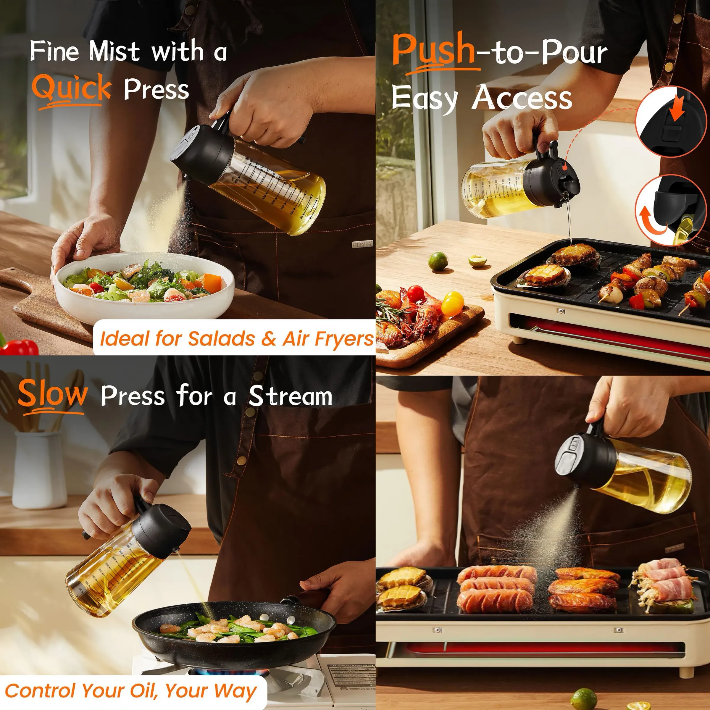 Pulvérisateur et distributeur d'huile d'olive en verre 16 oz / 470 ml pour la cuisson, 2 en 1, compatible friteuse à air 5