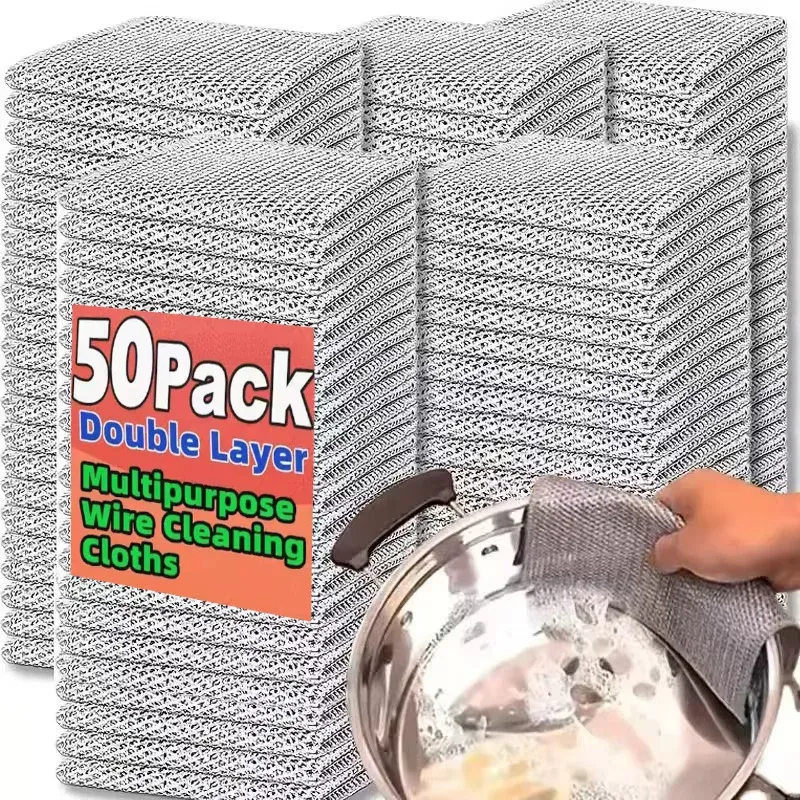 Torchon magique en fil d'argent, lot de 1 à 50 pièces, chiffon de nettoyage de cuisine, serviette de lavage en microfibre épaisse avec éponge intégrée, chiffon en boule de fil d'acier - Image 1