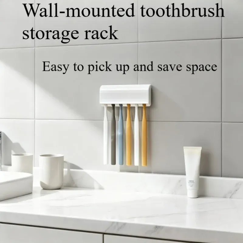 Support à brosses à dents mural avec couvercle, pouvant contenir 6 brosses, fixation auto-adhésive facile à installer pour salle de bain et douche. 2