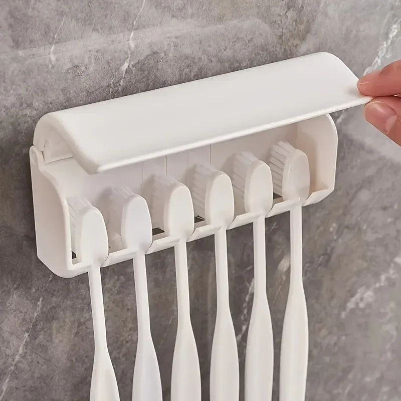 Support à brosses à dents mural avec couvercle, pouvant contenir 6 brosses, fixation auto-adhésive facile à installer pour salle de bain et douche. - Image 1
