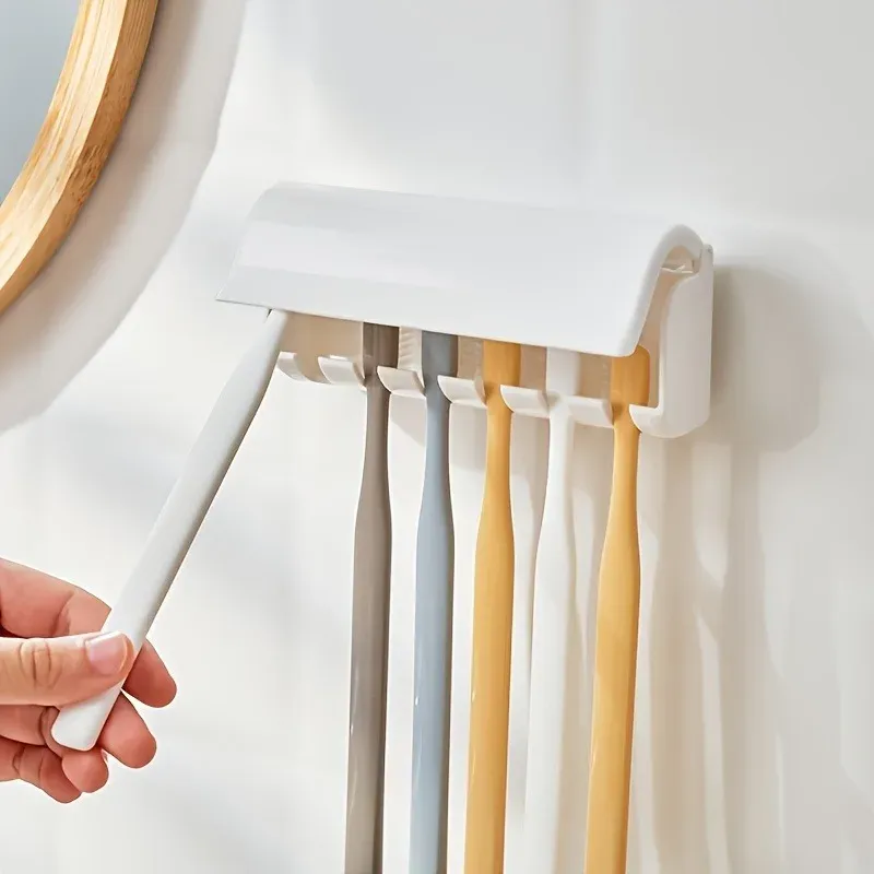 Support à brosses à dents mural avec couvercle, pouvant contenir 6 brosses, fixation auto-adhésive facile à installer pour salle de bain et douche. 5
