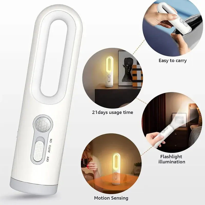 Lampe de poche portable 2 en 1 avec capteur de mouvement, veilleuse pour chambre, salle de bain, lecture, camping, allaitement et soins oculaires, lampe de chevet 4