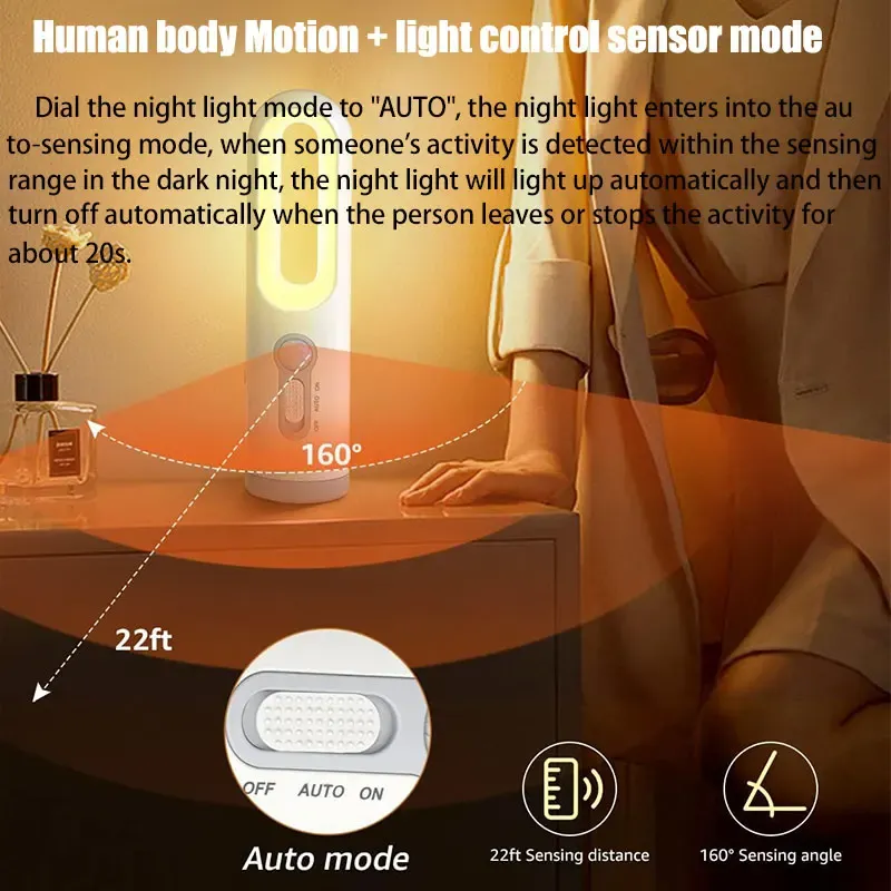 Lampe de poche portable 2 en 1 avec capteur de mouvement, veilleuse pour chambre, salle de bain, lecture, camping, allaitement et soins oculaires, lampe de chevet 5