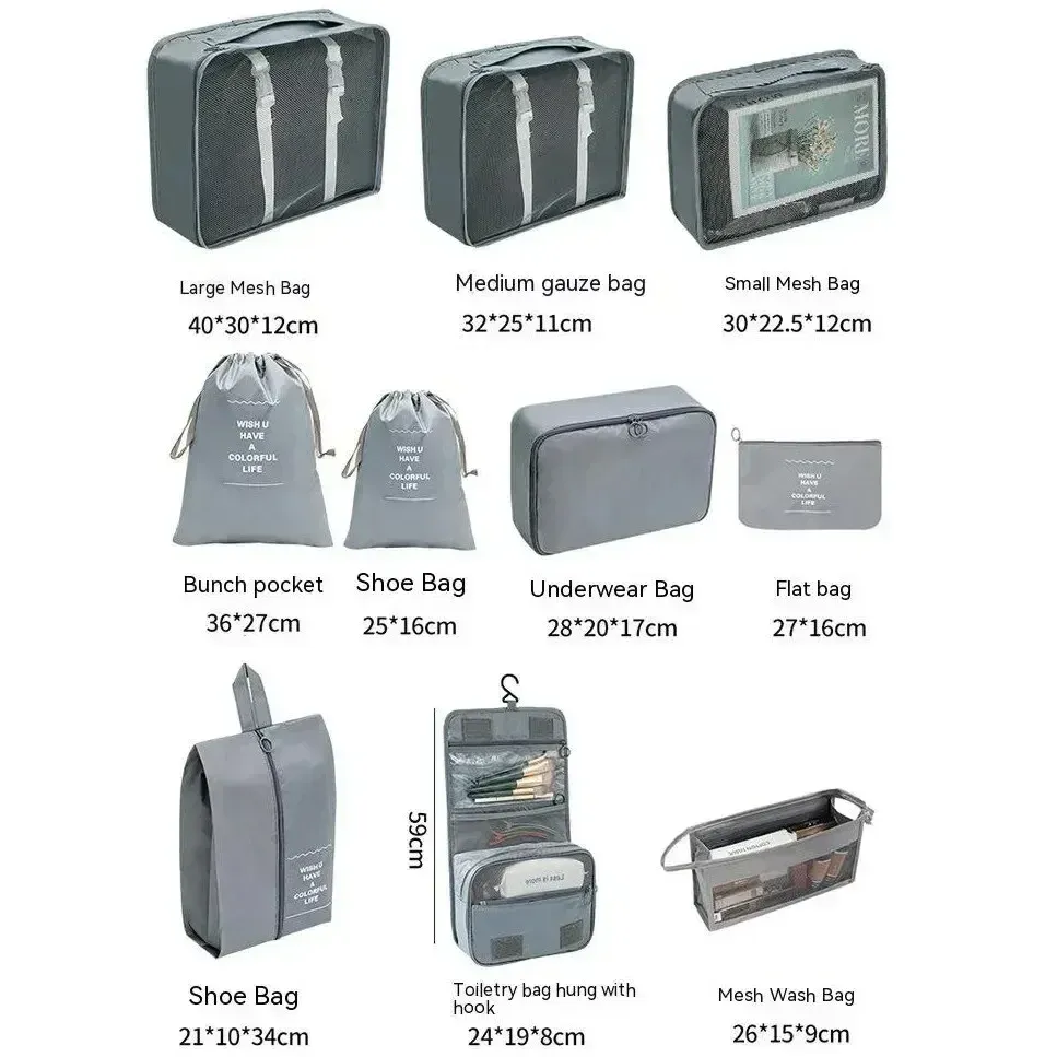 Ensemble de 7/8/9/10 pièces : organisateurs de voyage, sacs de rangement pour valise, cubes d'emballage, étuis portables, pochette à chaussures pliable 4