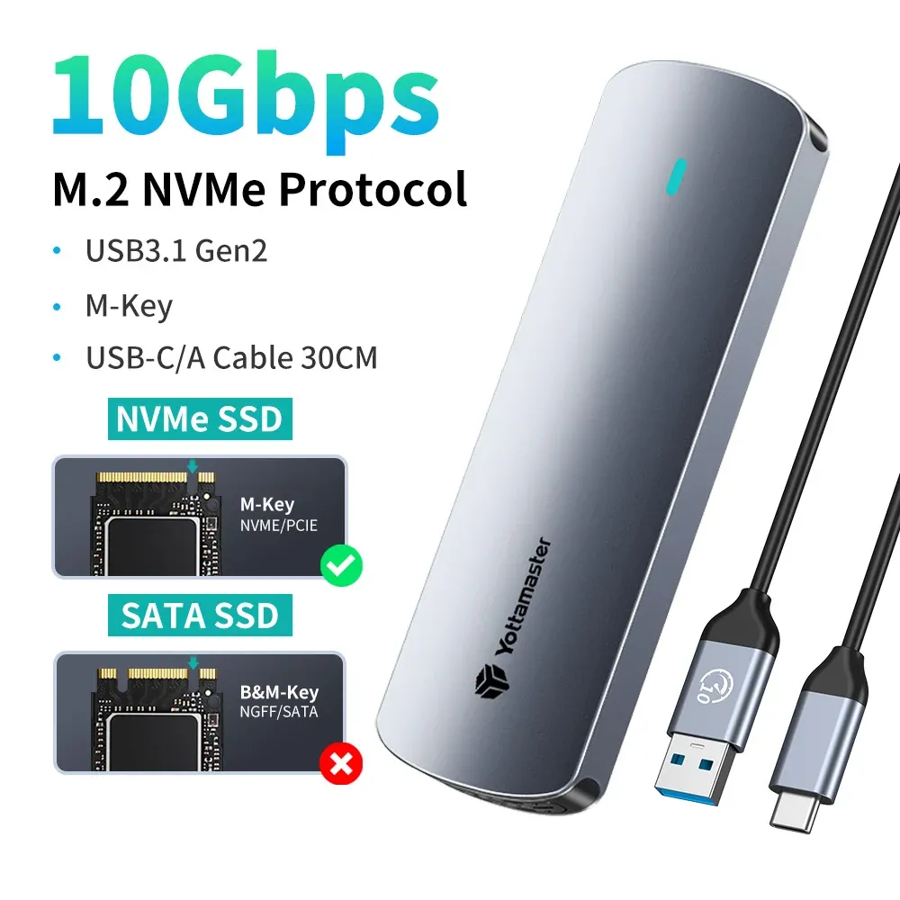Boîtier externe Yottamaster pour SSD M.2 NVMe et SATA, USB 3.1 Gen2 USB-C, en alliage d'aluminium 14