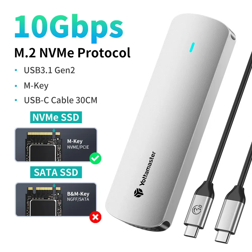 Boîtier externe Yottamaster pour SSD M.2 NVMe et SATA, USB 3.1 Gen2 USB-C, en alliage d'aluminium 8
