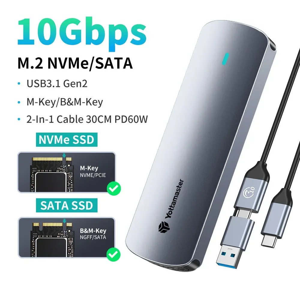 Boîtier externe Yottamaster pour SSD M.2 NVMe et SATA, USB 3.1 Gen2 USB-C, en alliage d'aluminium 10