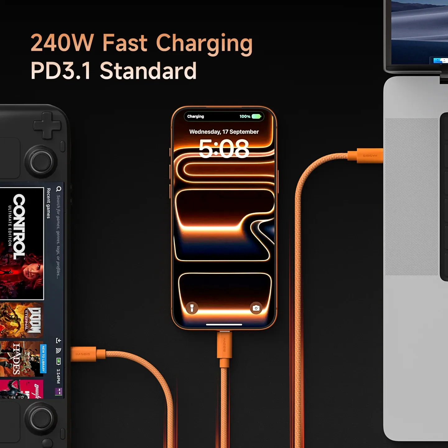 Câble Hagibis USB-C vers USB-C Type-C 240 W, câble de charge rapide à connecteur coudé, chargeur PD 3.1 pour iPhone 17 Pro Max, tablette et CarPlay 2