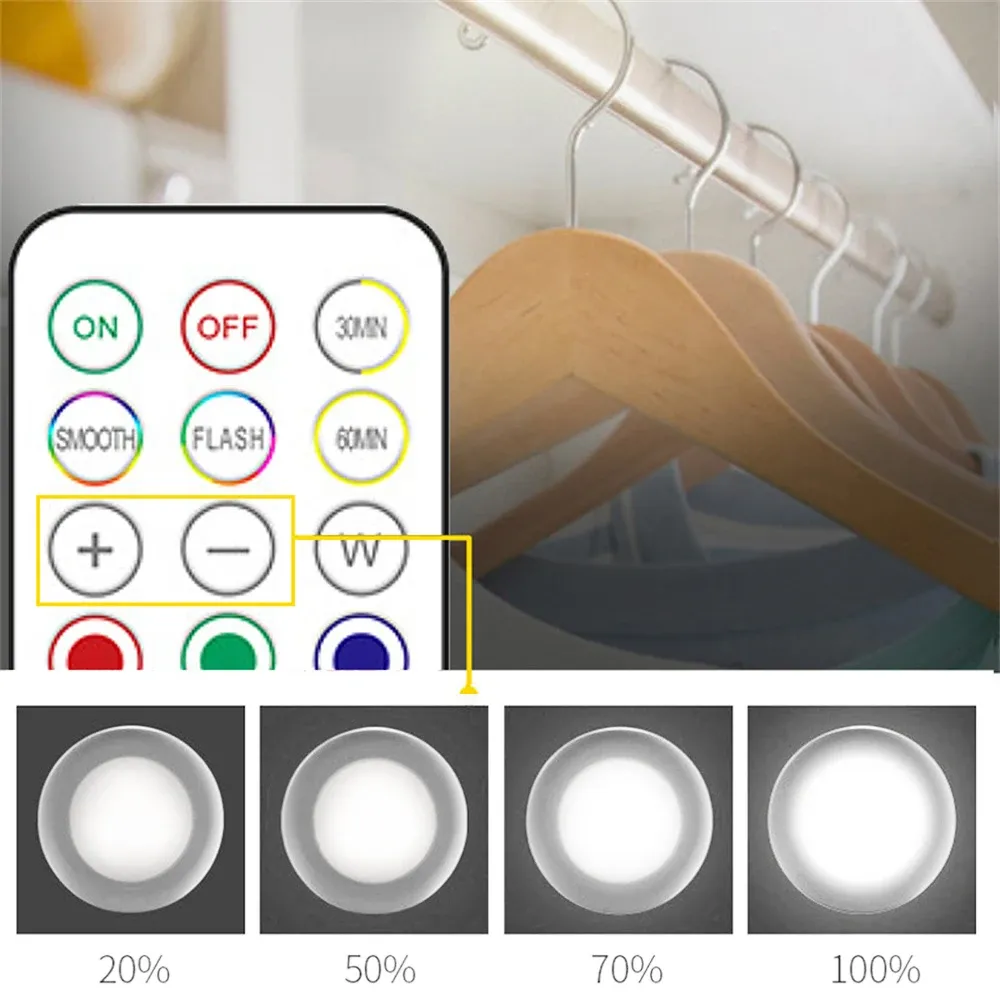 Lampes LED RVB sous meuble avec télécommande, fonctionnant sur batterie, veilleuse sans fil à intensité variable pour garde-robe 3