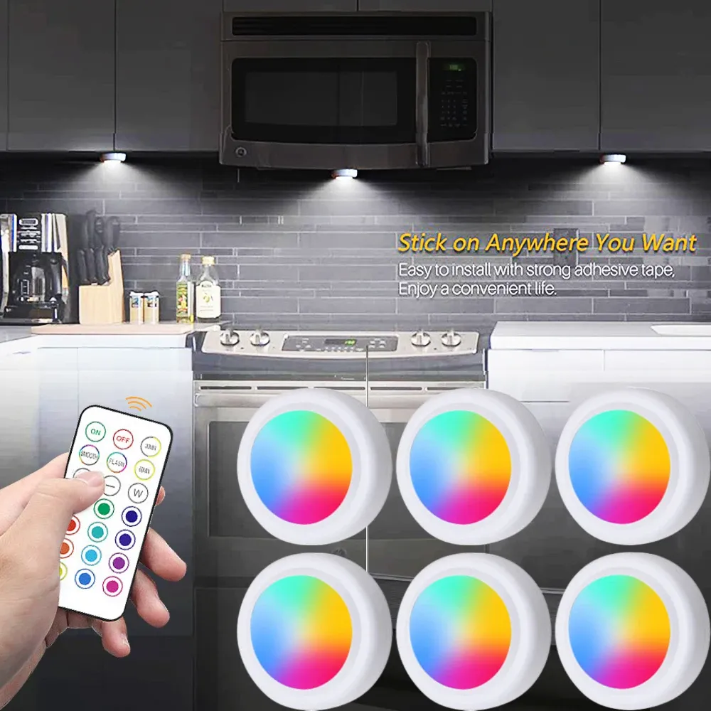 Lampes LED RVB sous meuble avec télécommande, fonctionnant sur batterie, veilleuse sans fil à intensité variable pour garde-robe 1