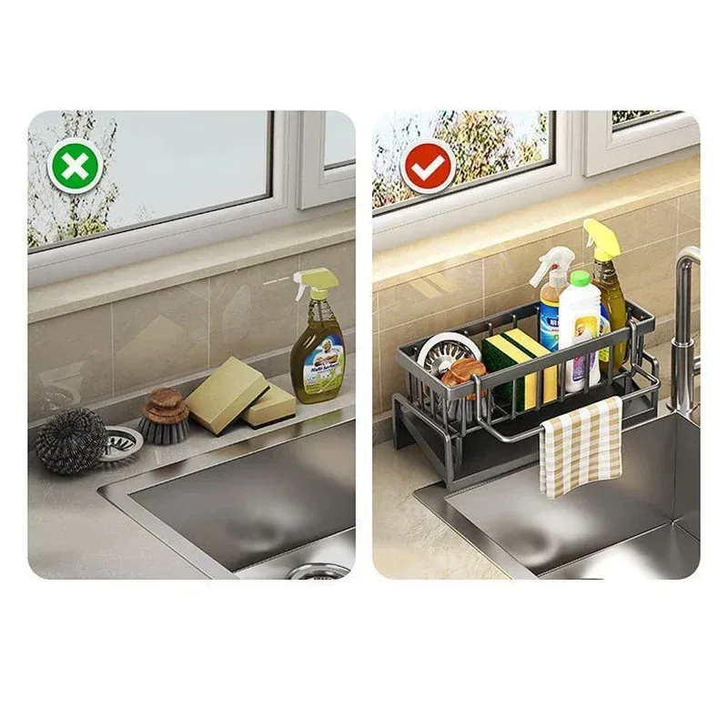 Accessoires de cuisine rangés dans le porte-éponge