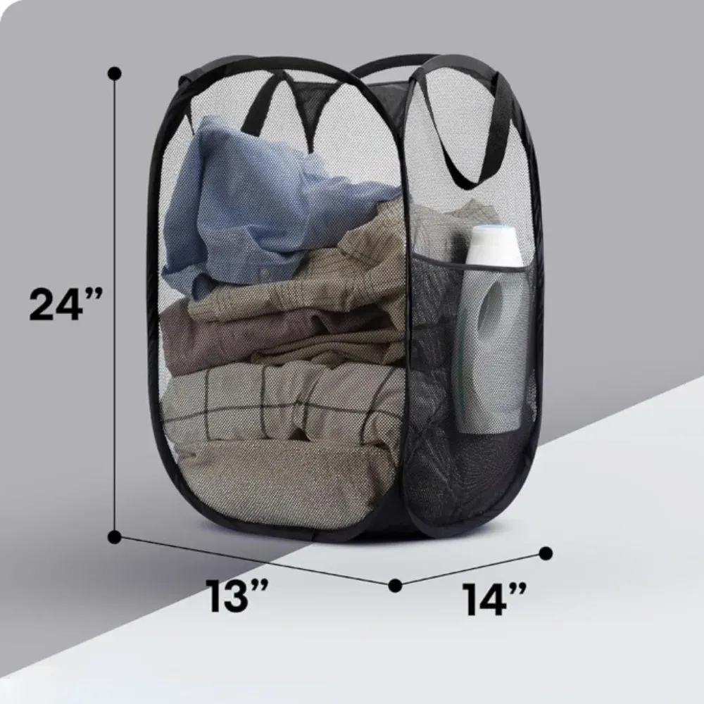 Grand panier à linge pliable en maille, panier à linge pop-up avec poche latérale, rangement respirant pour vêtements, organisation du linge 2