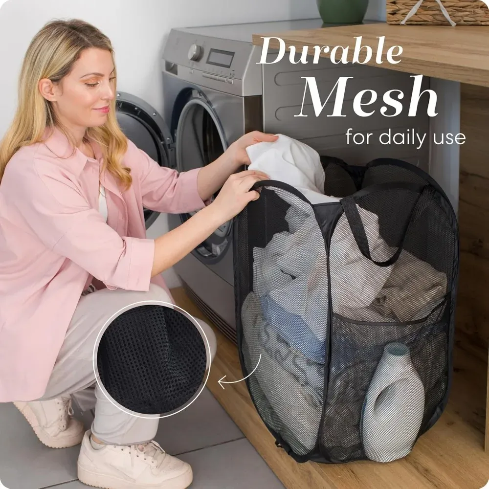 Grand panier à linge pliable en maille, panier à linge pop-up avec poche latérale, rangement respirant pour vêtements, organisation du linge 5