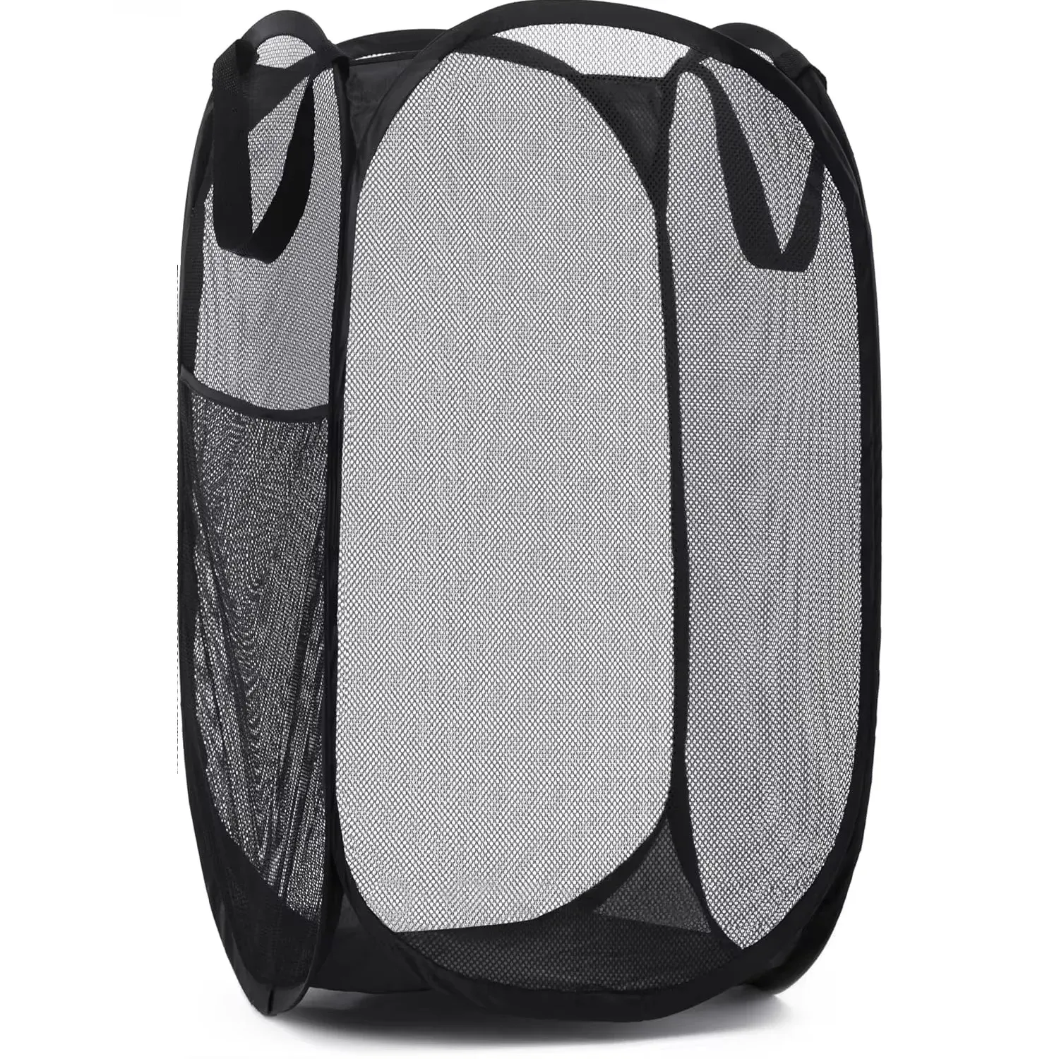 Grand panier à linge pliable en maille, panier à linge pop-up avec poche latérale, rangement respirant pour vêtements, organisation du linge 7