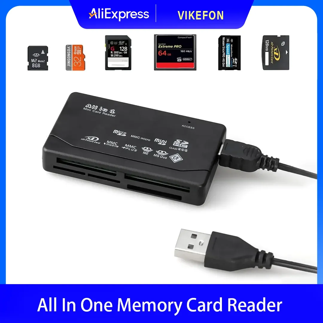 Lecteur de cartes mémoire tout-en-un USB pour SD, SDHC, microSD, M2, MMC, xD et CF, compatible MP3 et appareils photo numériques