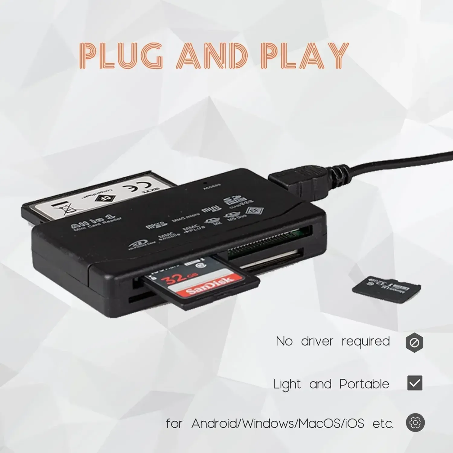 Lecteur de cartes mémoire tout-en-un USB pour SD, SDHC, microSD, M2, MMC, xD et CF, compatible MP3 et appareils photo numériques 3