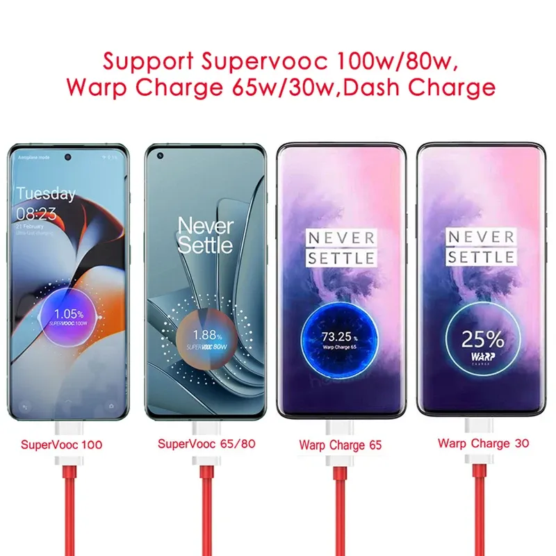 100W SuperVOOC Chargeur USB Rapide pour OnePlus 13 12 11 10 Pro 13R 12R Nord CE 2 3 4 Lite Ace 5 Pro, Câble de Charge Rapide USB Type-C 6