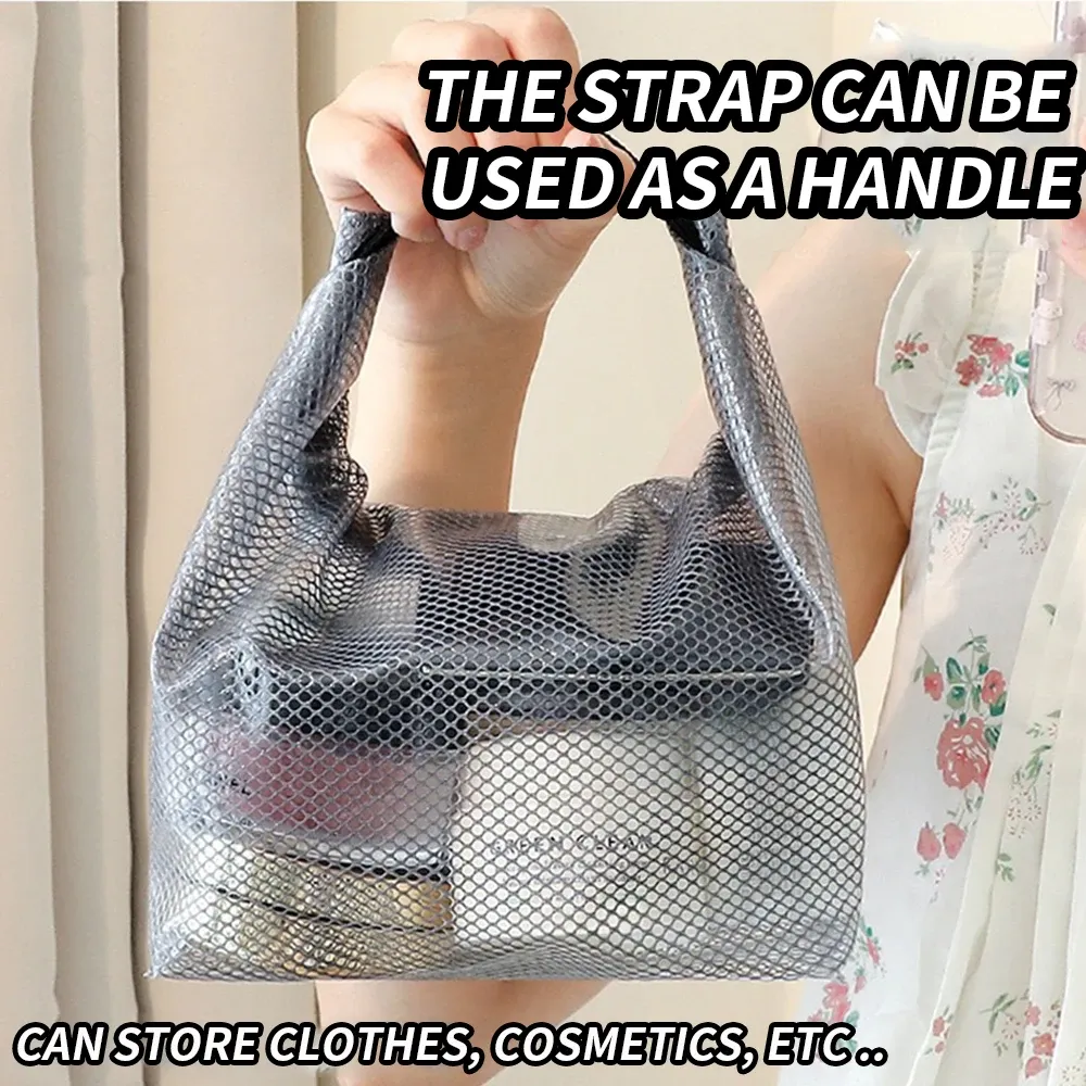 Trousse de toilette imperméable en maille à cordon et boucle à dégagement rapide, avec pochette transparente pour le voyage et le sport 2