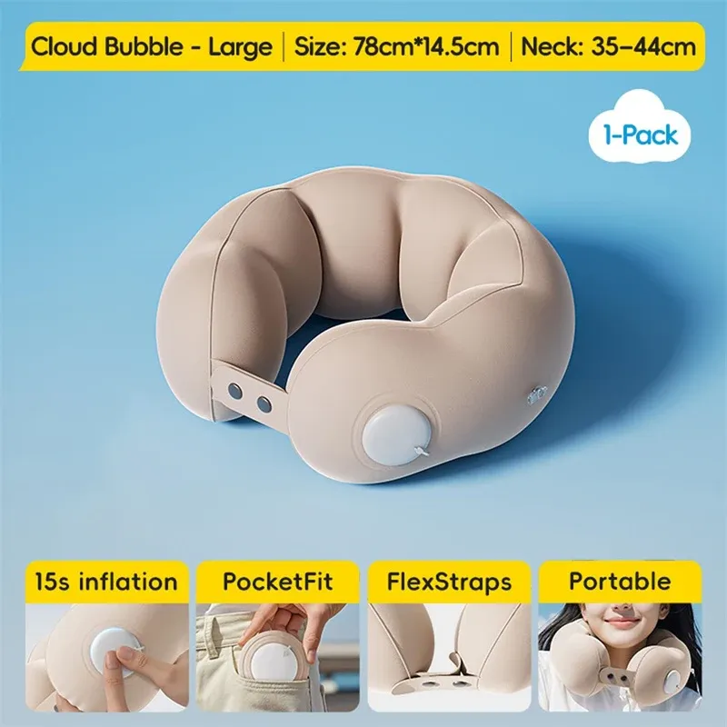 Oreiller de voyage gonflable en forme de U pour le cou, housse lavable, réglable et doux 2