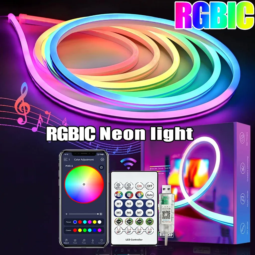 Bande lumineuse néon RGB+IC 5 V, étanche et flexible, longueurs 1 à 10 m, USB, télécommande Bluetooth