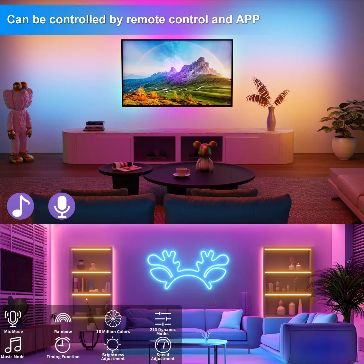 Bande lumineuse néon RGB+IC 5 V, étanche et flexible, longueurs 1 à 10 m, USB, télécommande Bluetooth 5
