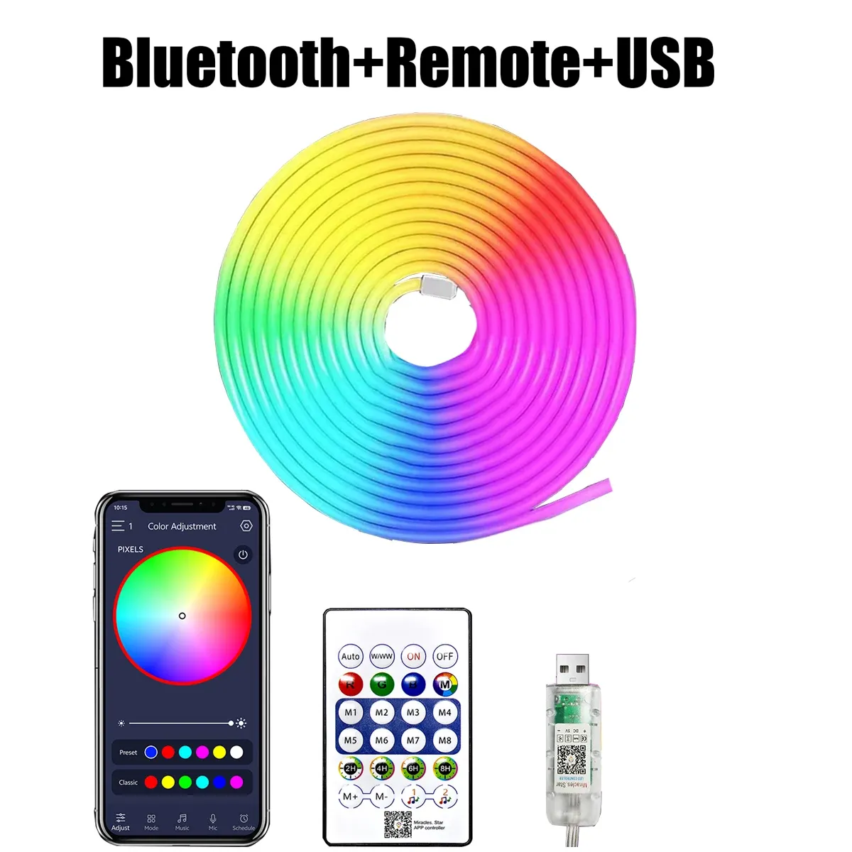 Bande lumineuse néon RGB+IC 5 V, étanche et flexible, longueurs 1 à 10 m, USB, télécommande Bluetooth 7