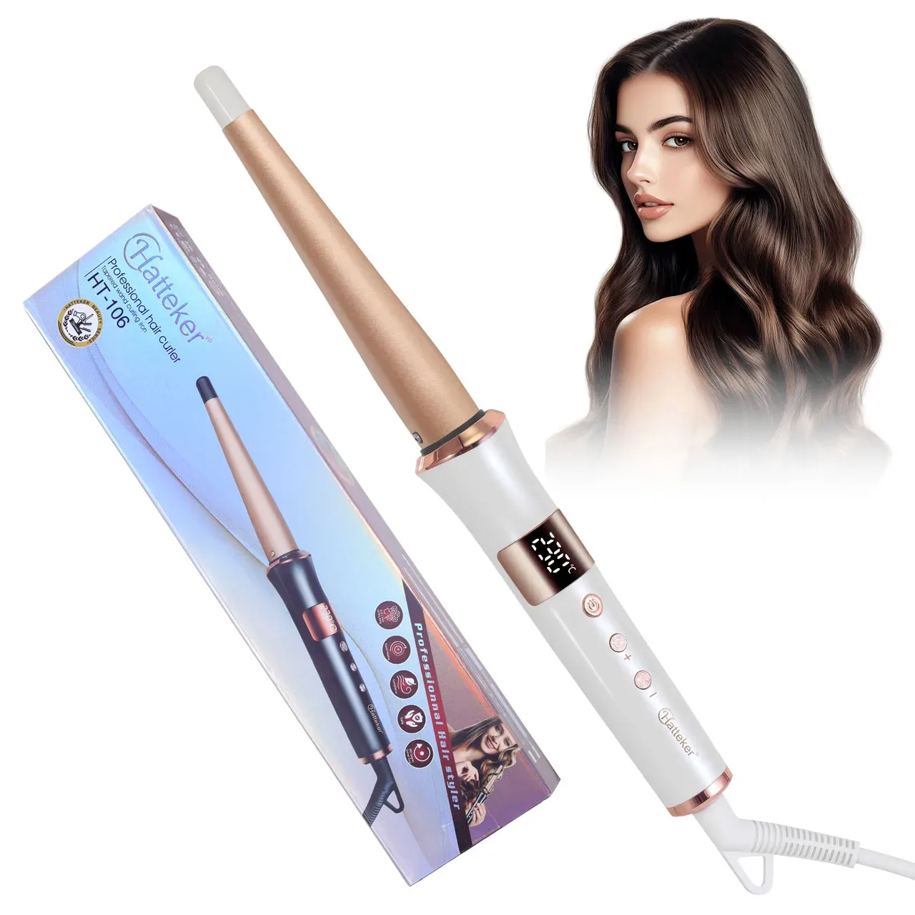 Fer à friser électrique Hatteker pour femmes, contrôle de température à 3 niveaux, plaques en céramique, protection des cheveux, format bigoudi, usage domestique, outil de coiffure 8