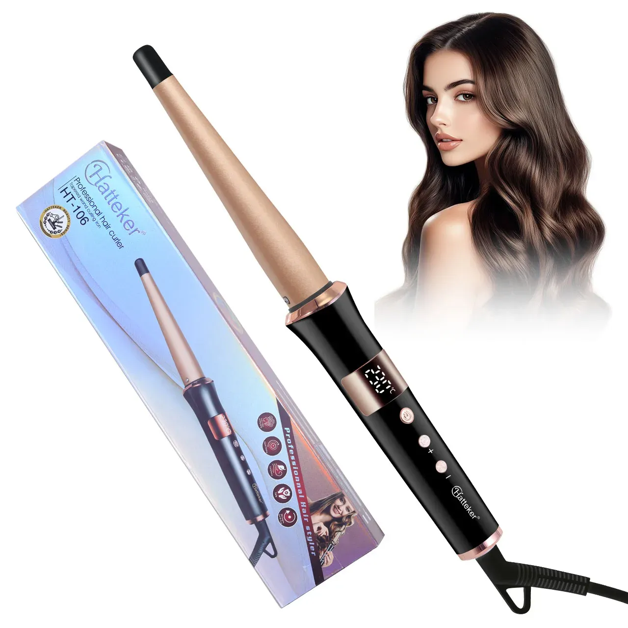Fer à friser électrique Hatteker pour femmes, contrôle de température à 3 niveaux, plaques en céramique, protection des cheveux, format bigoudi, usage domestique, outil de coiffure 9