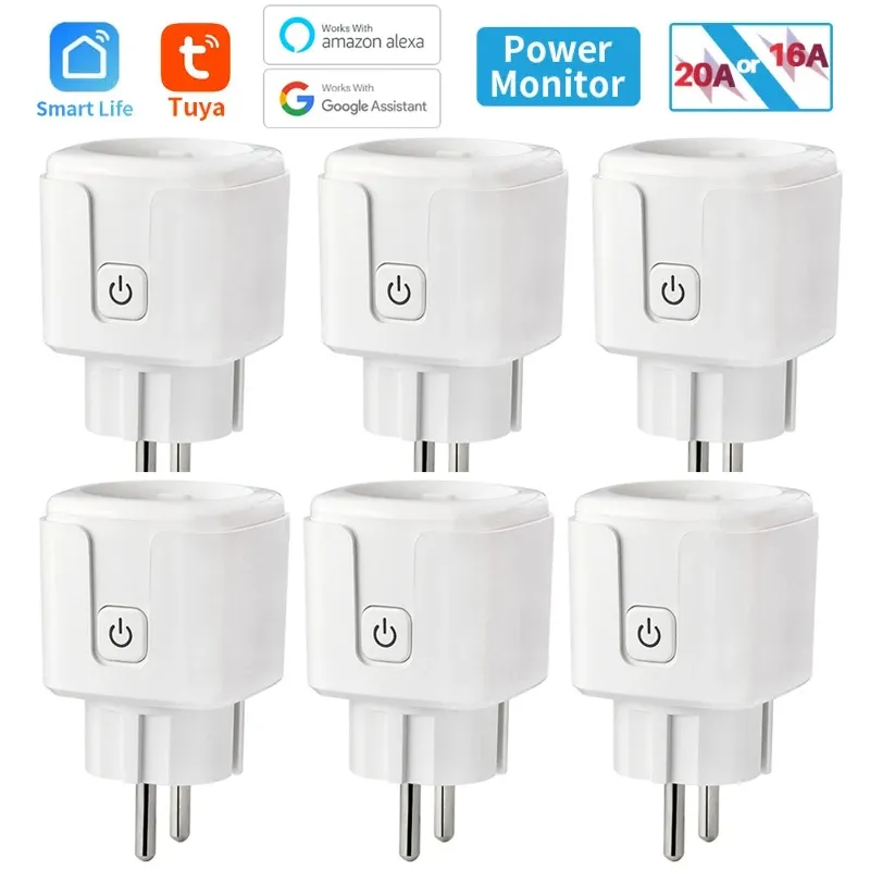 Prise intelligente WiFi Tuya SmartLife, norme UE, moniteur de consommation électrique, fonction de synchronisation, 16 A / 20 A, compatible Alexa, Google Home et Alice