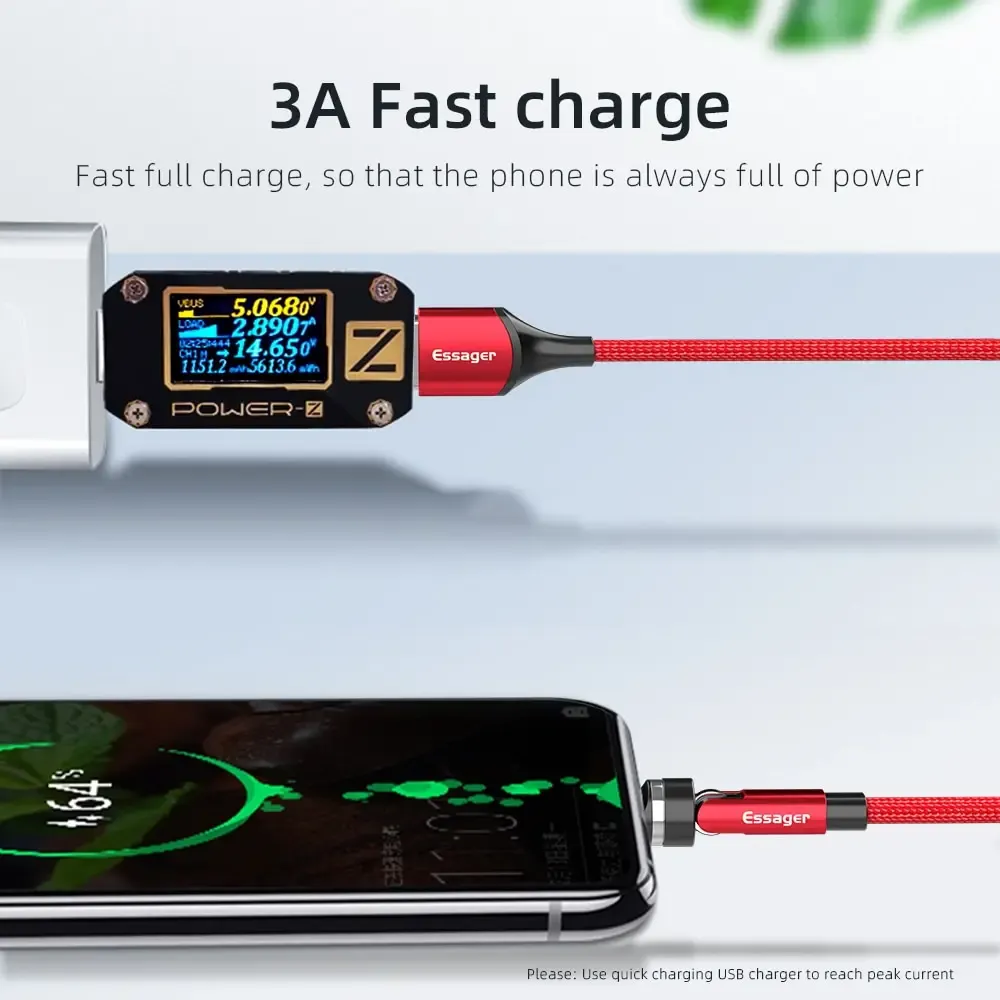 Câble USB Type-C magnétique Essager pour recharge rapide et transfert de données, rotation à 540°, compatible Xiaomi, 2 m, 3 A 3