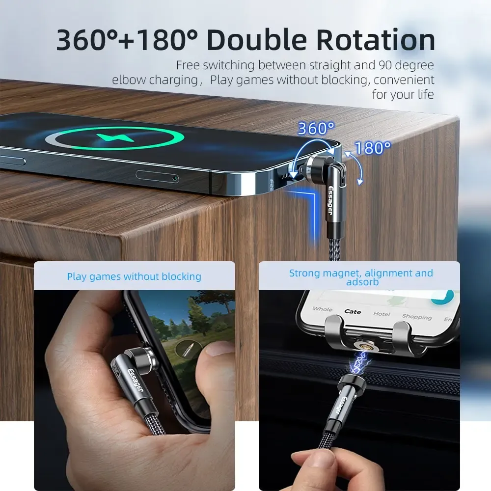 Câble USB Type-C magnétique Essager pour recharge rapide et transfert de données, rotation à 540°, compatible Xiaomi, 2 m, 3 A 2