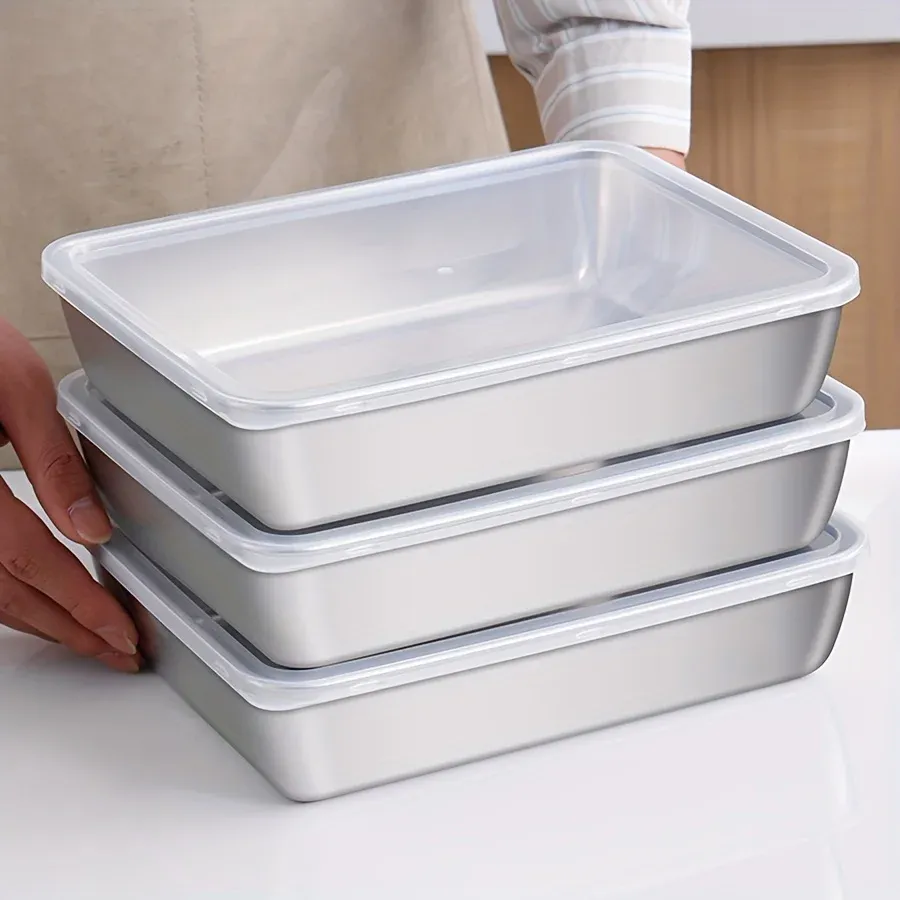 Ensemble de 3 contenants de stockage alimentaire en acier inoxydable, hermétiques et sans BPA, pour réfrigérateur et congélateur - Image 1