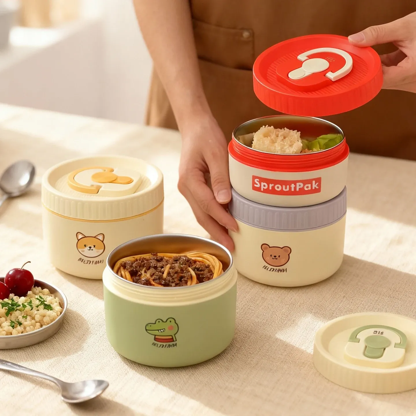 WORTHBUY Boîte-repas bento thermique étanche pour micro-ondes, pour étudiants, contenant alimentaire isolé en acier inoxydable 304, grande capacité, design mignon 2
