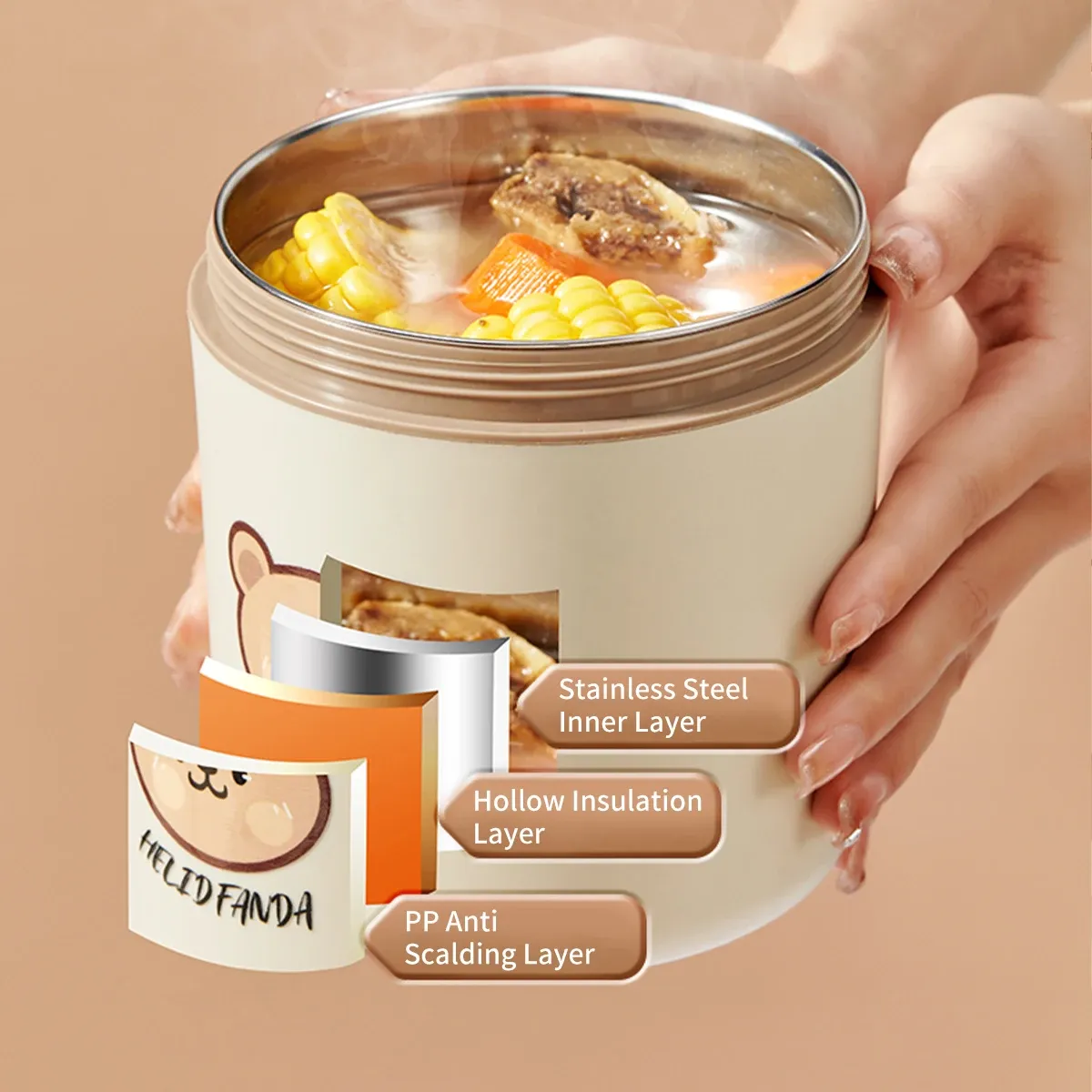 WORTHBUY Boîte-repas bento thermique étanche pour micro-ondes, pour étudiants, contenant alimentaire isolé en acier inoxydable 304, grande capacité, design mignon 3