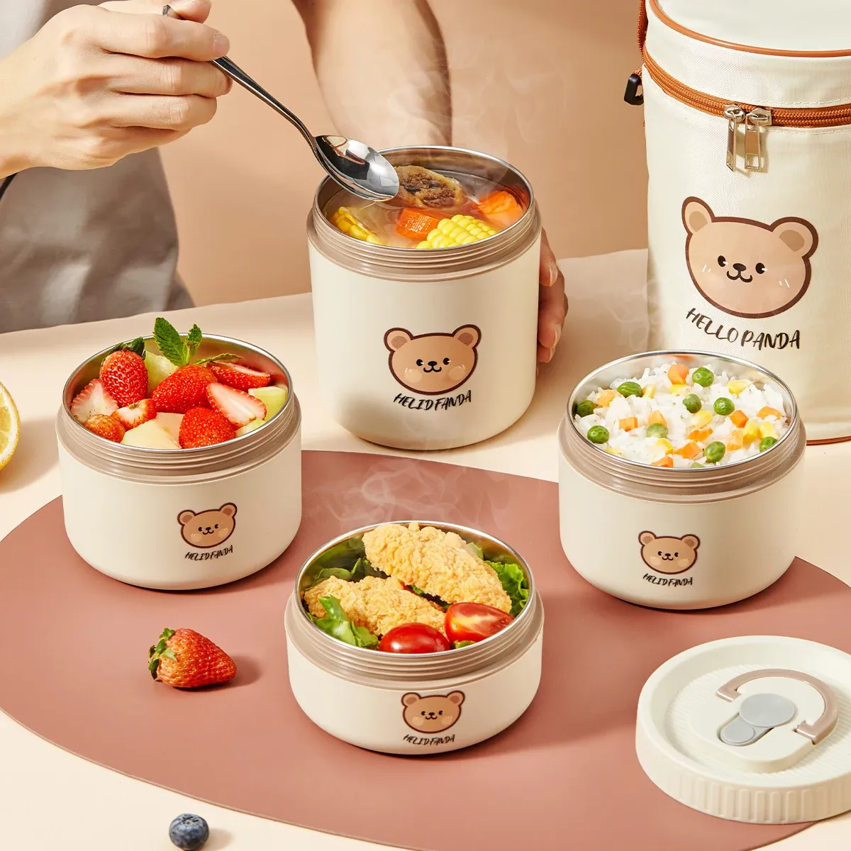 WORTHBUY Boîte-repas bento thermique étanche pour micro-ondes, pour étudiants, contenant alimentaire isolé en acier inoxydable 304, grande capacité, design mignon - Image 1