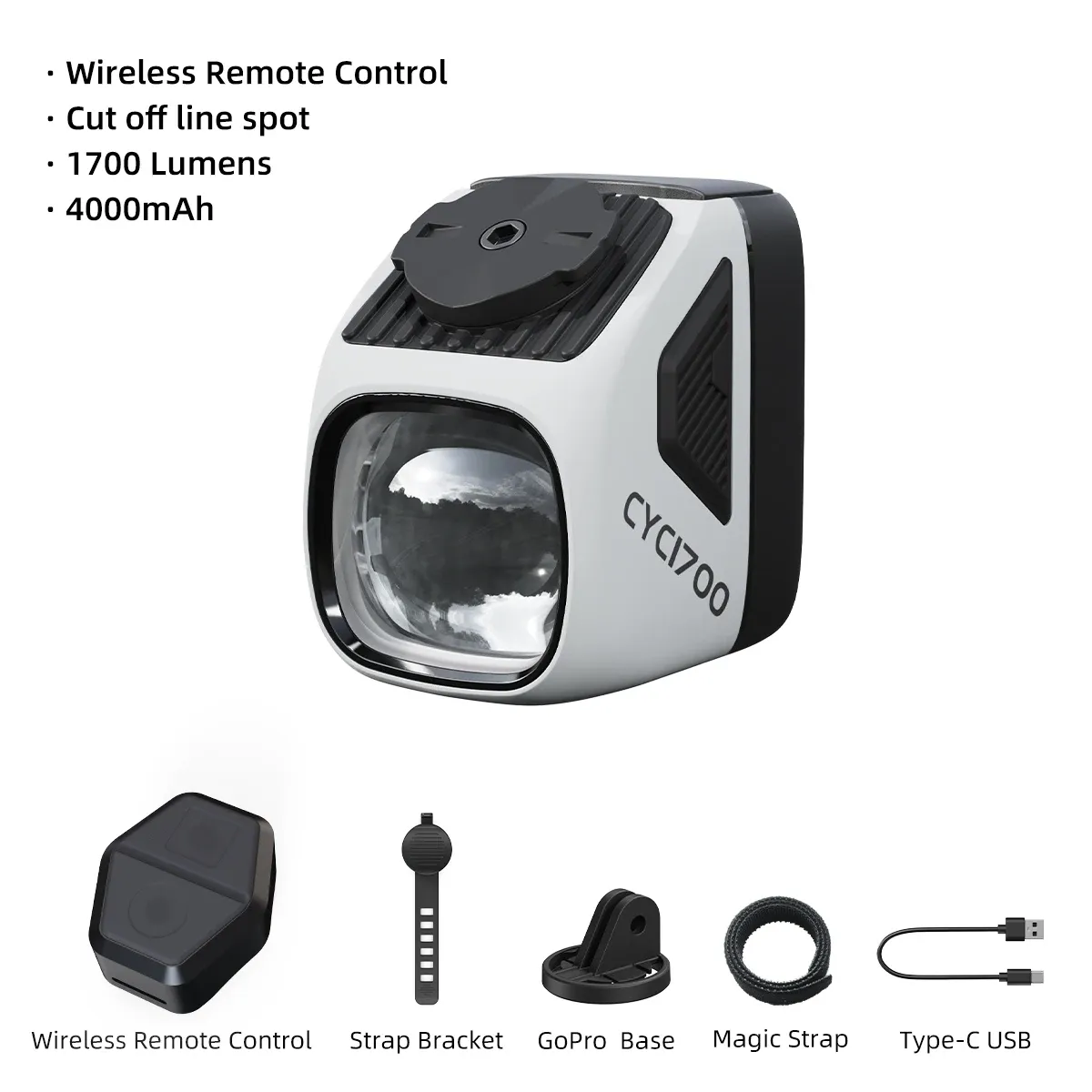 CYCLAMI CYC1700 Phare de vélo sans fil à télécommande, éclairage suspendu haute luminosité, faisceau à coupure, 4000 mAh, 1700 lumens, alliage d'aluminium 8