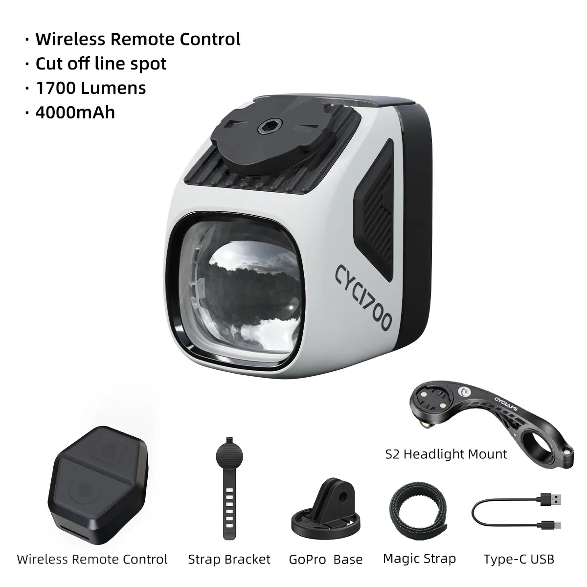 CYCLAMI CYC1700 Phare de vélo sans fil à télécommande, éclairage suspendu haute luminosité, faisceau à coupure, 4000 mAh, 1700 lumens, alliage d'aluminium 7