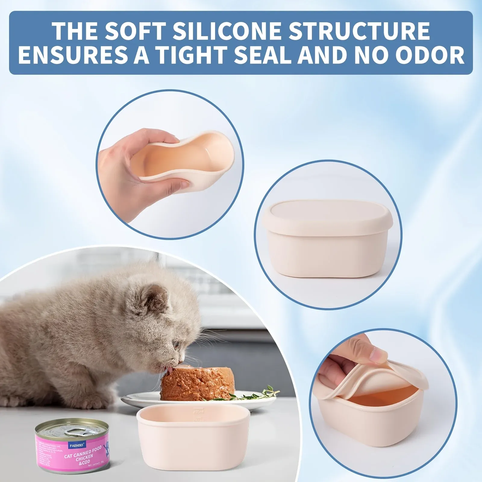 Conteneur de stockage réutilisable pour pâtée pour chat avec couvercle en silicone étanche, boîte de conservation anti-fuite pour boîtes de conserve de 85 g (3 oz) 4