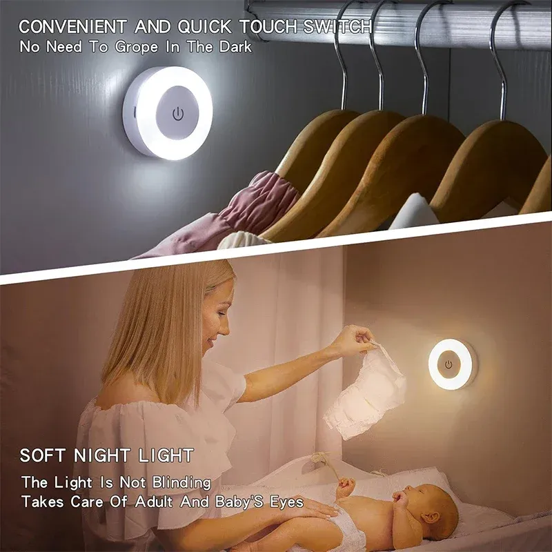 1-6 pièces LED veilleuses économie d'énergie, capteur tactile, 3 couleurs réglables, lampe de nuit murale USB rechargeable magnétique pour chambre et couloir 2