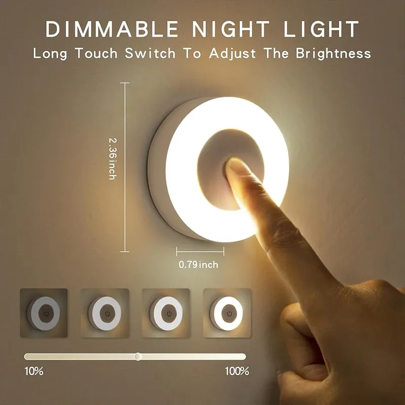 1-6 pièces LED veilleuses économie d'énergie, capteur tactile, 3 couleurs réglables, lampe de nuit murale USB rechargeable magnétique pour chambre et couloir 3