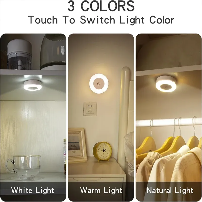 1-6 pièces LED veilleuses économie d'énergie, capteur tactile, 3 couleurs réglables, lampe de nuit murale USB rechargeable magnétique pour chambre et couloir 5