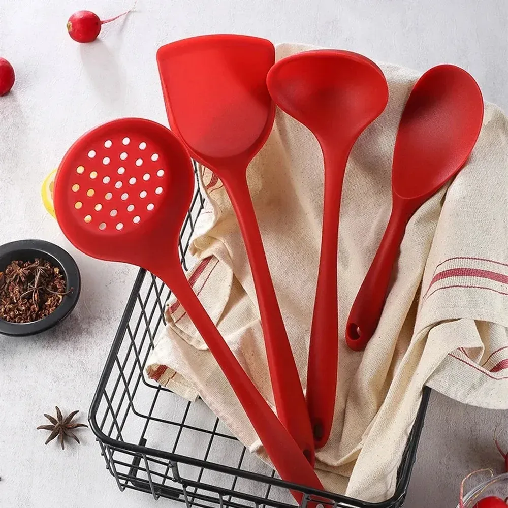 Ensemble de 6 ustensiles de cuisine en silicone : spatules, cuillère écumoire et cuillère à riz, résistants à la chaleur et lavables au lave-vaisselle