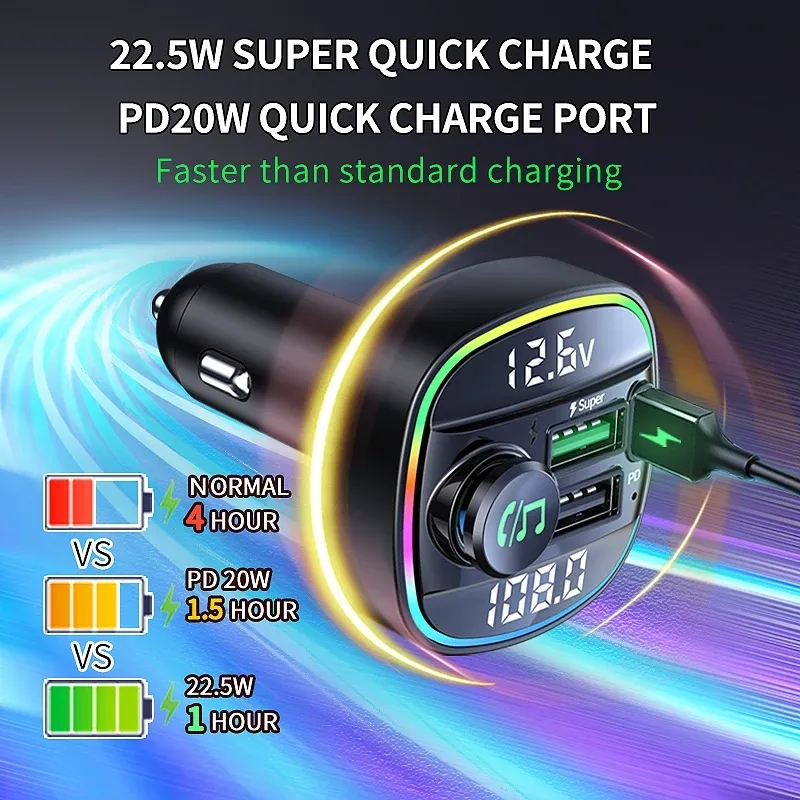 Transmetteur FM Bluetooth 5.0 pour voiture, kit mains libres, lecteur MP3 et chargeur USB à charge rapide 22,5 W 2